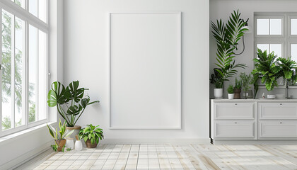 Fototapeta premium Bright Scandinavian kitchen white walls with empty frame