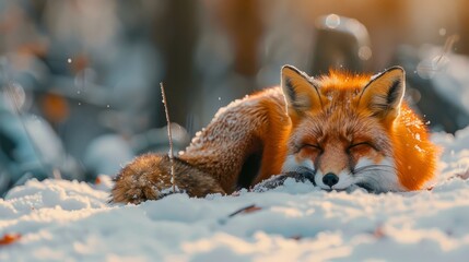 Fototapeta premium Fox resting on snowy ground in forest during winter