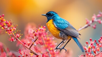 Obraz premium Colorful bird perched on pink flowers in a blooming garden at sunset