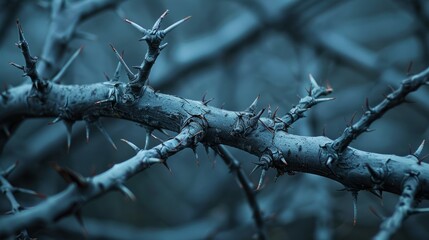 Obraz premium Close-up of old gray thorns on twisted branches in twilight