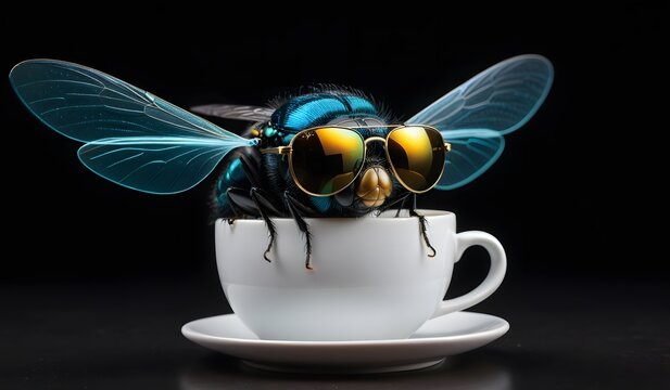 Fly on a white cup close-up