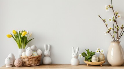 Obraz premium Wooden desk with open space for decor white wall backdrop and spring Easter theme