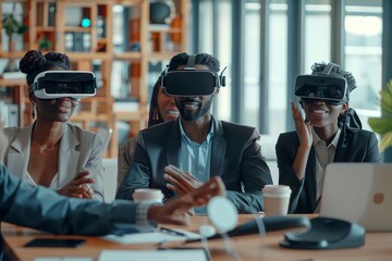 Futuristic Office Collaboration with Business Professionals Using Virtual Reality Headsets