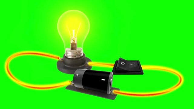 Direct Current Electrical Circuit Lighting an Old Filament Lamp with Green Background