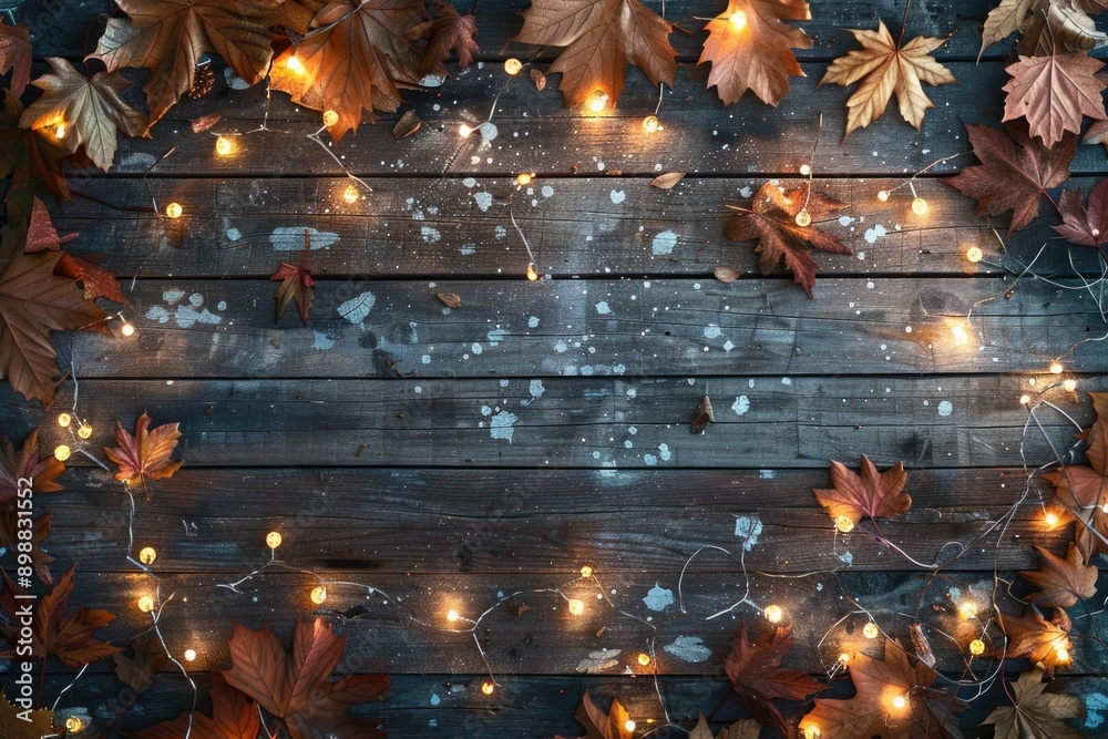 Poster a rustic wooden table decorated with autumn leaves and string lights, perfect for a cozy dinner or o