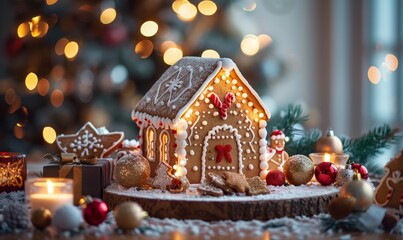 Gingerbread house with glaze standing on table with Christmas decorations, candles and lanterns bokeh lights. Living room with lights and Christmas tree. Holiday mood copy, Generative AI
