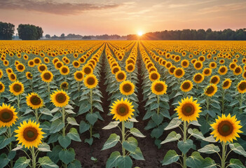 Fototapeta premium A sunflower field at sunrise. 