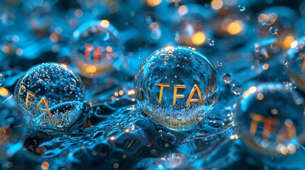 Detailed 3d trifluoroacetic acid molecule with TFA sign on carbon, fluorine, and oxygen atoms, pollution environment, healthy risk concept