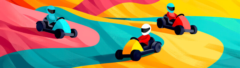 Three racers in colorful go-karts compete on a vibrant, curvy track, capturing the excitement and thrill of motorsport in an abstract style.