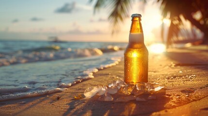Refreshing Beer Bottle on Sandy Beach with Sunset and Palm Shadows - Summer Vacation Concept
