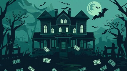 Haunted house with dollar bills, financial backdrop, flat design illustration