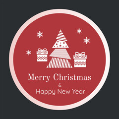 Round and red Christmas greeting card. Designer Christmas tree with gift boxes. Vector on red background.