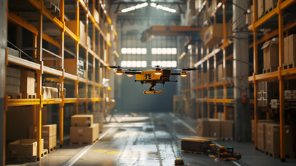 A drone delivering spare parts inside a logistics warehouse; the drone hovers alongside packages 