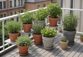 Fototapeta premium A collection of potted herbs on a balcony. 