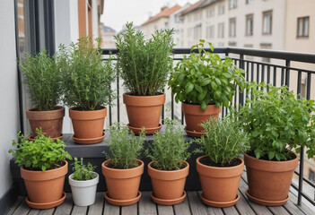 Fototapeta premium A collection of potted herbs on a balcony. 