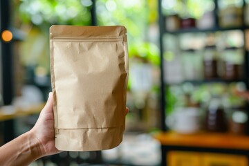 Eco-Friendly Brown Paper Bag Held by a Person in a Café During Daylight Hours