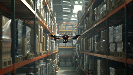 Fototapeta premium A drone delivering spare parts inside a logistics warehouse; the drone hovers in the walkway of the warehouse 