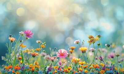 Colorful flower meadow with sunbeams and blue sky and bokeh lights in summer - nature background banner with copy space - summer greeting card wildflowers spring, Generative AI
