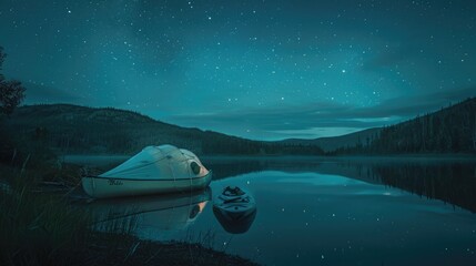 Big white camping tent near serene lake, with kayaks, hiking poles, campfire ring, reflection in calm water, starry night sky. Big camping tent gears