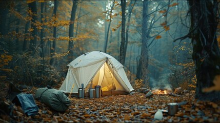 Dense forest clearing with big white camping tent, surrounded by gear, thermoses, sleeping mats, portable stove, warm campfire glow. Big camping tent gears