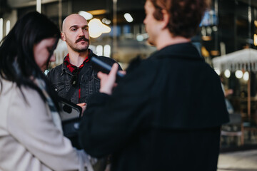 Three business professionals having an intense meeting outdoors, with a focused man in the foreground.