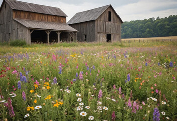 A field of wildflowers with a rustic barn in the background. 