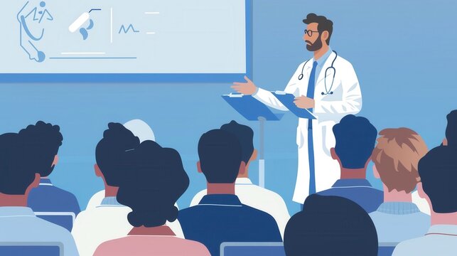 A doctor giving a lecture on disease prevention at a medical conference, sharing expertise