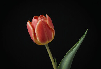  A single tulip isolated against a black background. 