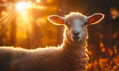 Fototapeta premium A cute adult sheep looking at the camera while standing in a forest during sunset with a beautiful skyscape; a spring background with copy space and sun rays 
