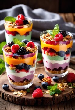 delicious layered parfaits clear transparent cups showcasing colorful ingredients textures tempting dessert experience, fruit, yogurt, cream, sweet, healthy