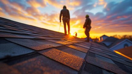 Two roofers diligently working on a rooftop as the sun rises, reflecting hard work and dedication in construction.