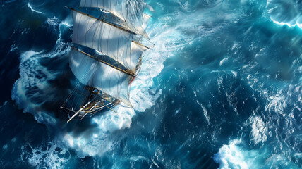 A sailing boat or pirate ship with white multiple masts sailing on a wild and stormy and blue ocean; an aerial top view during the day 