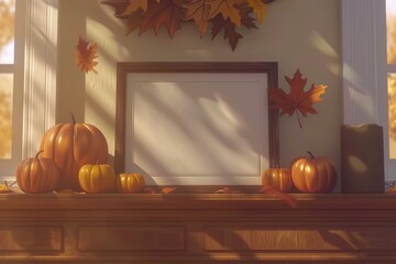 Obraz premium Autumn Decor Featuring Pumpkins and Leaves in a Cozy Indoor Setting During Daylight