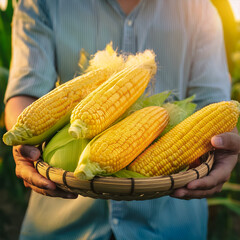 Corn trees on plantation. close up hand Selected The best Corn are still fresh and ready to be harvested.