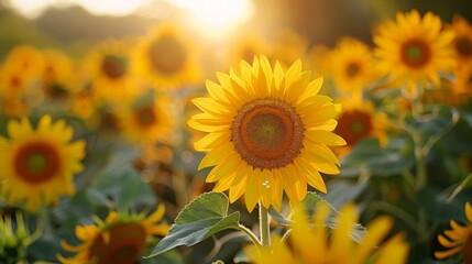 Fototapeta premium Vibrant sunflowers blooming in a sunny garden at golden hour