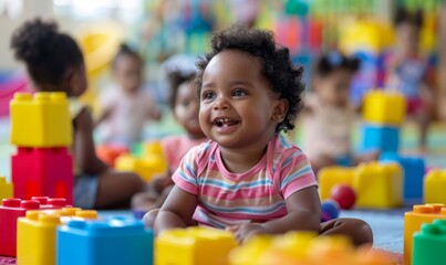 multicultural daycare center with African American toddler babies. Group of workers with babies in nursery or kindergarten playful, Generative AI