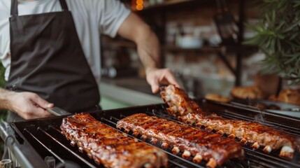 Chef preparing tender pork ribs in the oven in a cozy kitchen