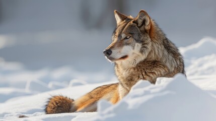 Obraz premium Female wolf resting on snow-covered ground in winter forest