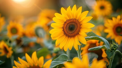 Obraz premium Vibrant sunflowers blooming in a garden at sunset