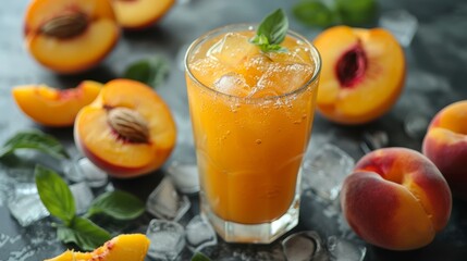 Fototapeta premium Fresh ripe peaches and chilled juice with ice on a sunny day