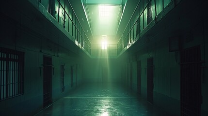 Empty prison hallway illuminated by soft light, evoking feelings of isolation and mystery in a forgotten space, suitable for dramatic or horror-themed projects.