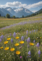 Fototapeta premium Wildflowers in a meadow with mountains in the background. 