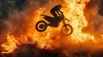 A dynamic motocross rider performing an aerial stunt amidst a dramatic backdrop of flames, showcasing action and adrenaline during an extreme sports event.
