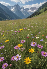 Fototapeta premium Wildflowers in a meadow with mountains in the background. 