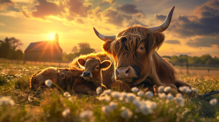 A cute baby highland cow is laying next to the mother in in pasture during sunset with a beautiful skyscape; a spring background with copy space and sun rays 