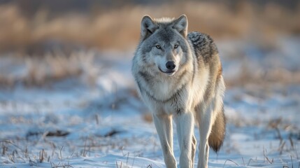 Obraz premium Gray wolf approaching through snowy landscape in early morning light