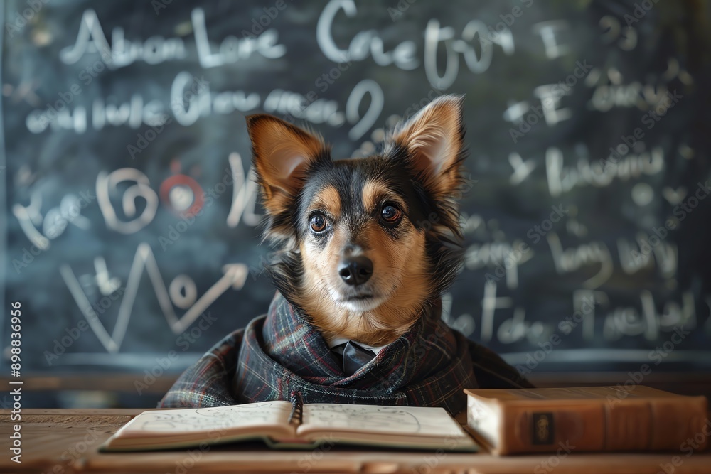 Poster adorable dog in a classroom dressed as a professor, standing in front of a chalkboard with equations