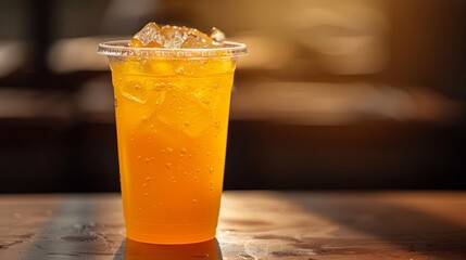 Refreshing cold orange beverage in plastic cup on summer afternoon