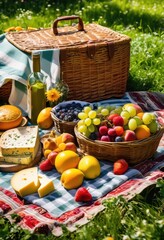 colorful delightful food arrangement spread out picnic blanket surrounded nature sunlight, fruits, vegetables, cheese, crackers, bread, drinks, plates