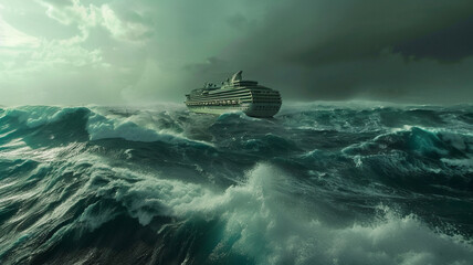 A modern cruise ship on a wild and stormy and green ocean; seen from just above the ocean at sunset of paradise 